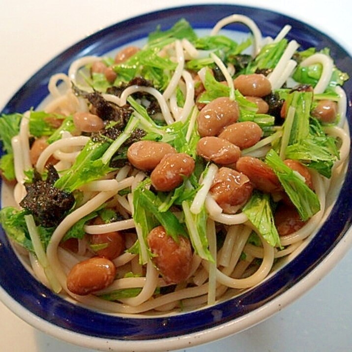 納豆と水菜ともみ海苔の混ぜ素麺♬